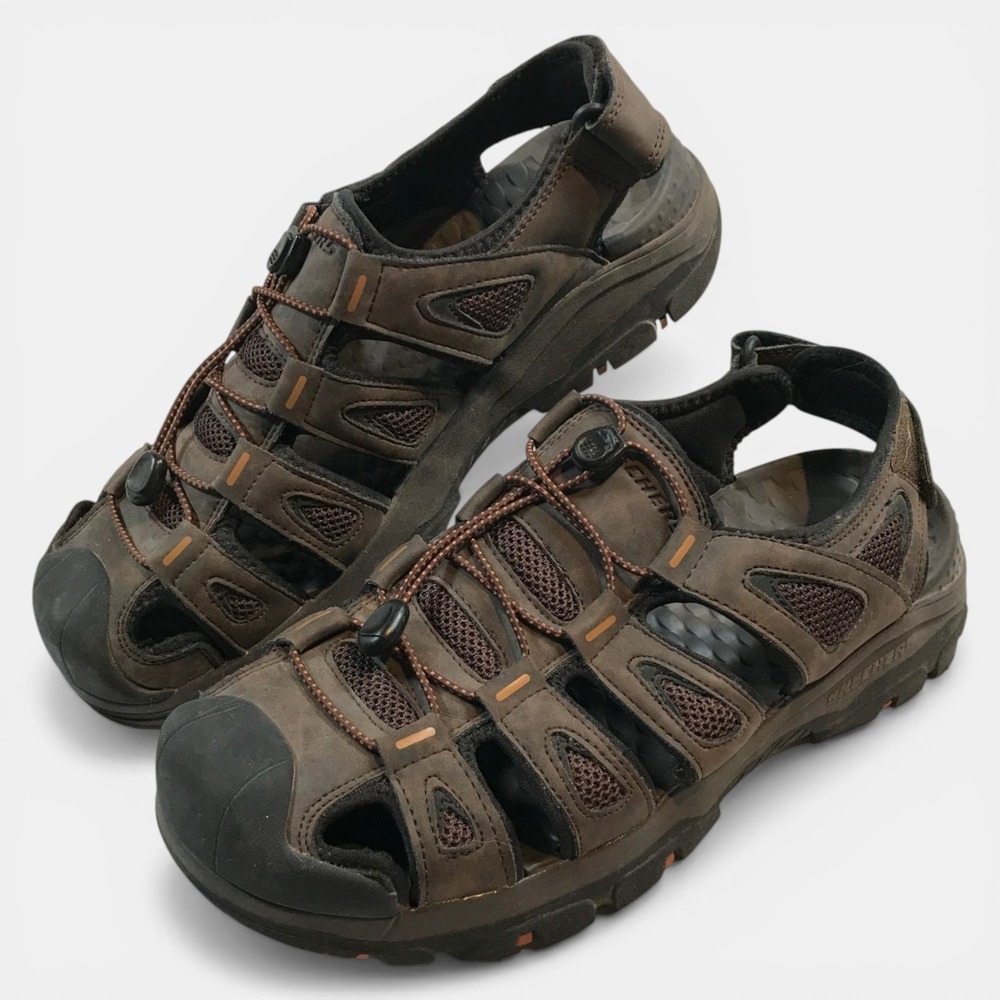 Skechers Relaxed Fit Luxe Foam Choc Brown Hook & Loop Sandals Mens US 10 EU 43